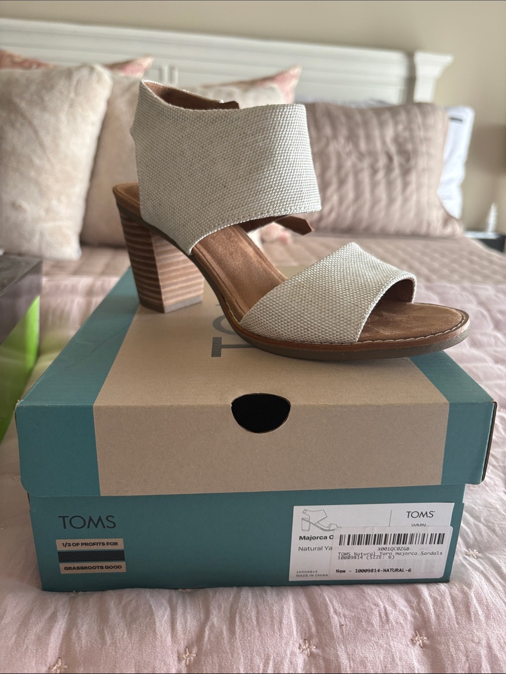 TOMS Natural Beige Textured Block Heel Sandal